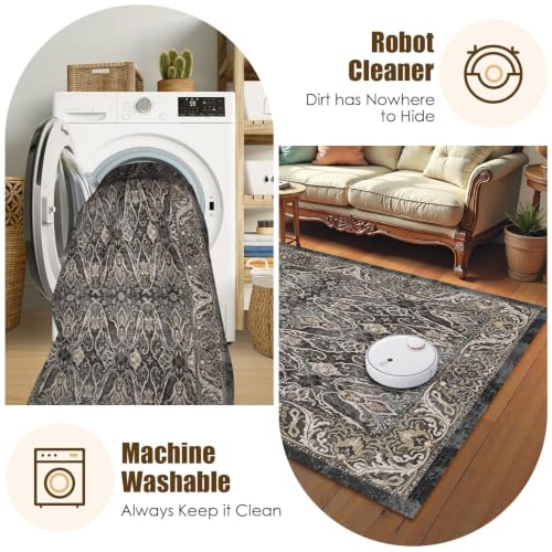 Washable Area Rug 9' x 12' Vintage Traditional Persian Mat (Ebony and Taupe / 9' x 12' (Rectangular))