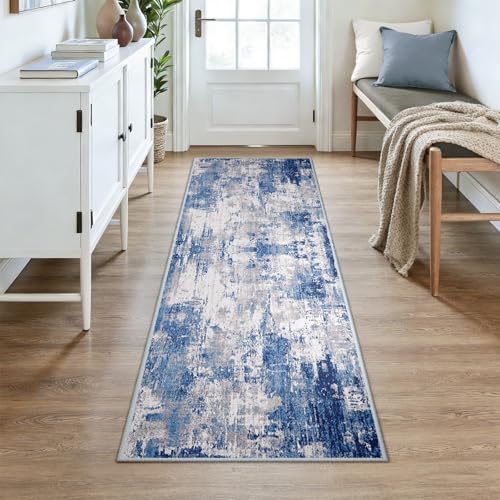 Washable Runner 3'x7' Abstract Area Rug for Hallway Blue Gray (Blue/Gray / 3' x 7' (Runner))