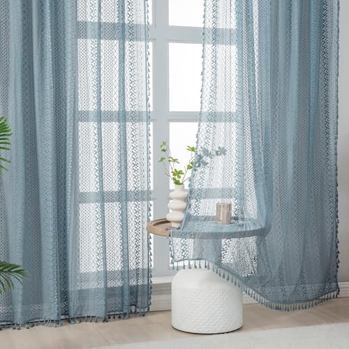 Boho Lace Curtains 63 Inches 2 Panel (59"W x 63"L (Pack of 2) / Light Slate Blue)