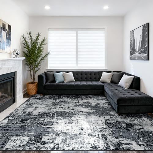 Washable 9'x12' Abstract Area Rug for Living Room Black White (Black/Navy Blue/Gray / 9' x 12' (Rectangular))
