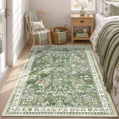 4x6 Washable Area Rug for Bedroom Floral Carpet Sage Green (Green / 4' x 6')