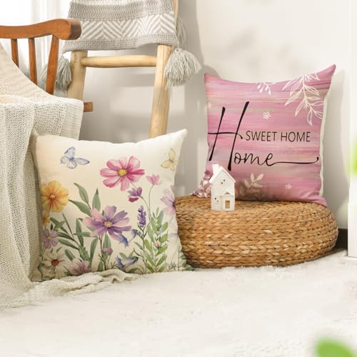 Spring Saying Flowers Butterfly Pink Throw Pillow Covers (Pink / 20" x 20" (Pack of 4))