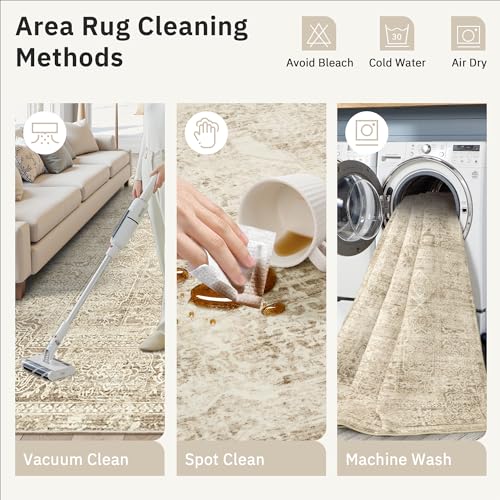 5x7 Area Rugs Light Brown Washable Trendy Faded Style Floral Rugs (Light Brown / 5' x 7' (Rectangular))