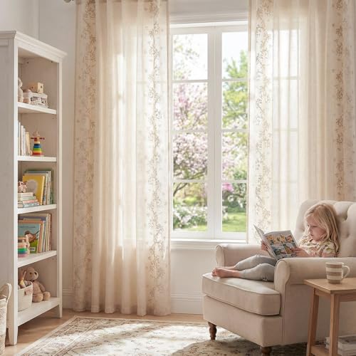Floral Linen Curtains 96 Inch Farmhouse Back Tab 2 Panels (Vine | Beige / 50"W x 96"L (Pack of 2))