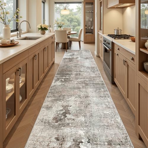 Abstract Runner Rug 2x12 Hallway Kitchen Runners Pink (Pink/Grey / 2' x 12' (Runner))