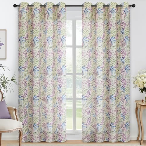 84 Inches Blue and Purple Leaves Linen Curtains for Bedroom (Linen Blue and Purple / 52"W x 84"L (Pack of 2))