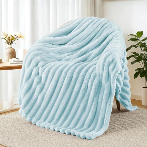 Striped Fleece Throw Blanket for Couch (Light Blue / Throw ( 50x60 IN ))