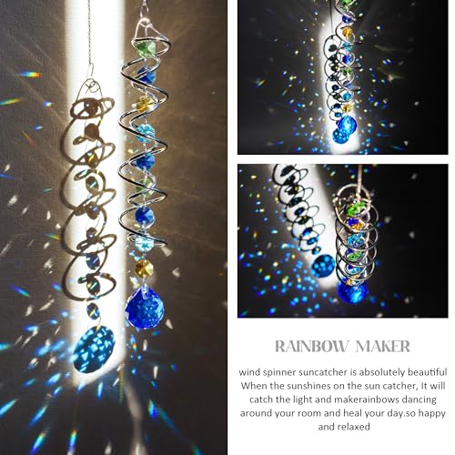 20.5in Sea Blue Crystal Gazing Ball Spiral Wind Spinner Suncatcher (Silver With Blue Ball Drop Prism)