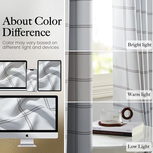 Farmhouse 100% Blackout White Kitchen Buffalo Plaid Curtains (26"W x 36"L (Pack of 2) / Grid Pattern | White & White)