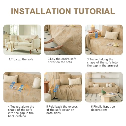 Washable Couch Covers for Sofa Boho Couch Covers for 3 Cushion Sofa Pet Friendly Camel Chenille Jacquard Couch Protector for Dogs Plant Branch Sectional Cover Sofa Slipcovers (71" x 150" / U: Camel)