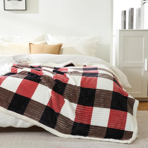 Sherpa Blanket Twin Plaid Thick Bed Blanket (Black Red Check / 60"*80")