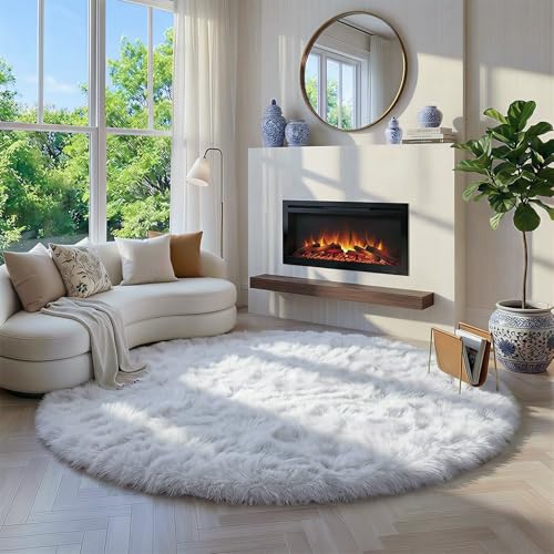 White Furry Round Circle Rug 6Ft for Bedroom Living Room Playroom (White / 6' (Round))