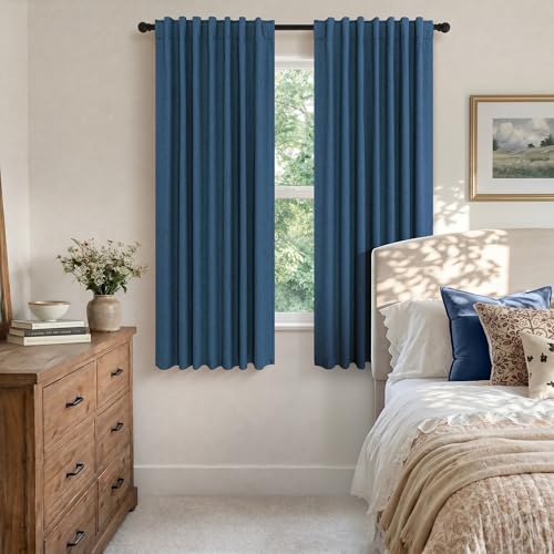 Navy Blue Black Out Curtains 63 Inch Long 2 Panel Burg Linen Textured Thermal Insulated Total Blackout Window Shades Soundproof Dark Out Curtain for Living Room Kids Children Boy Bedroom 63 Length (Navy Blue / 52"W x 63"L (Pack of 2))