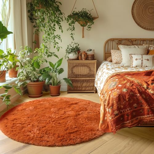 Burnt Orange Small Shag Round Circle Area Rug 3Ft for Kids Bedroom (Burnt Orange / 3' (Round))