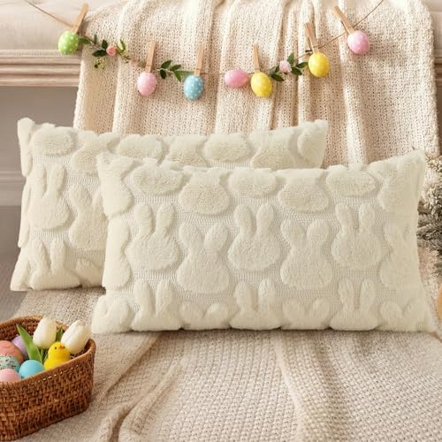 Beige Faux Fur Bunny Throw Pillow Covers 12x20 Set of 2 (20" x 12" (Pack of 2) / Rabbits Beige)