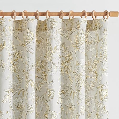 Yellow Floral Linen Curtains 90 Inch Vintage Back Tab 2 Panels (Flower Yellow on White / 50"W x 90"L (Pack of 2))
