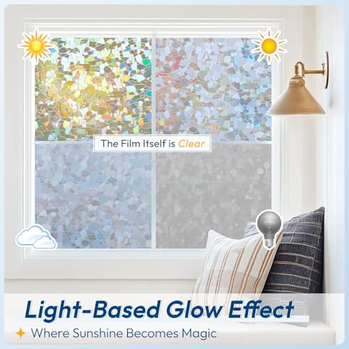 Rainbow Window Privacy Film Decorative Stained Glass Diamond Pattern Window Sticker with Iridescent Tint Non (Clear / 35.4" X 118.1")