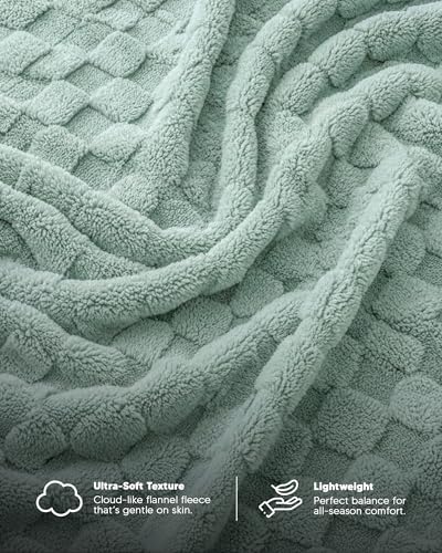 Plush Checkered Fleece Blanket Sage Green Throw (Sage Green / Throw)