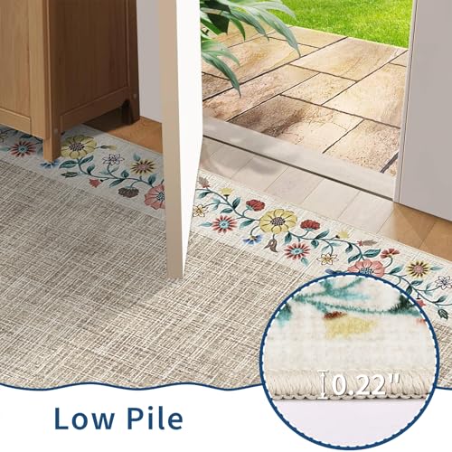Entryway Rug 2x6 Modern Bordered Runner Rug Washable Kitchen Runners for Hallway Non (Light Flax/Beige / 2' x 6' (Rectangular))
