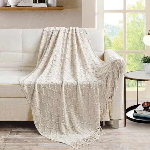 Beige Throw Blanket 50 x70 Inch Jacquard Throw Knitted Blanket (Jacquard-beige / 50"x70")