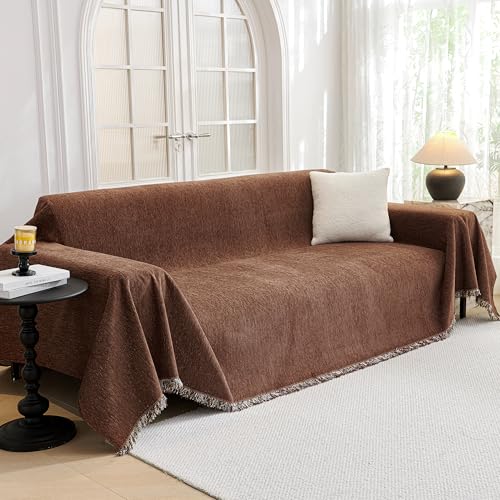 Chocolate Couch Cover Non Slip Dog Sectional Sofa Cover for 3 Cushion Couch Sofa Slipcover with Tassels Futon Cover Non Slip Washable Furniture Protector Cover for Pet (91" x 118" / Chocolate)