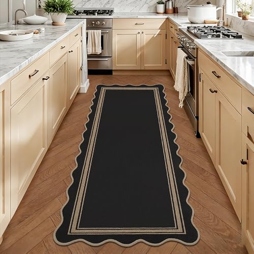 Easy Jute 2x6 Kitchen Runner Rug Scalloped Runner Rug (2'*6'(Runner) / Black)