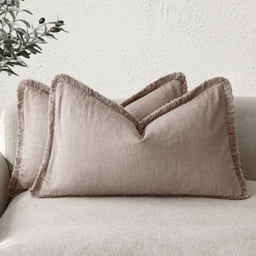 Boho Linen Fringe Lumbar Throw Pillow Covers 12×24 Dusty Pink (24" x 12" (Pack of 2) / Rose Dust)