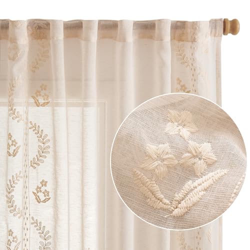 Floral Sheer Curtains (S | Beige / 50"W x 63"L (Pack of 2))