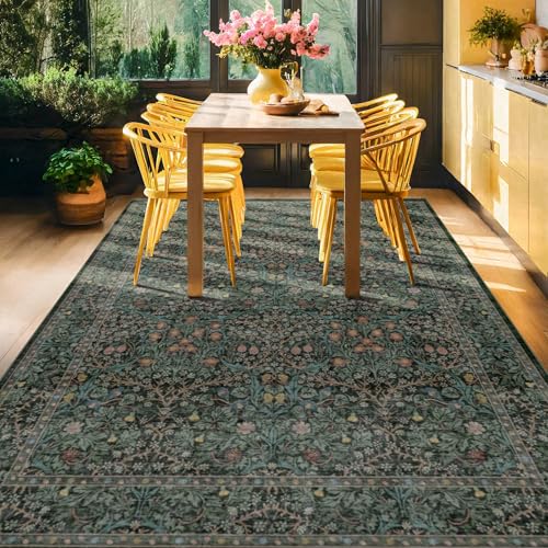 Floral Dark Green Washable Area Rugs 8x10 (Dark Green / Black / 8' x 10' (Rectangular))