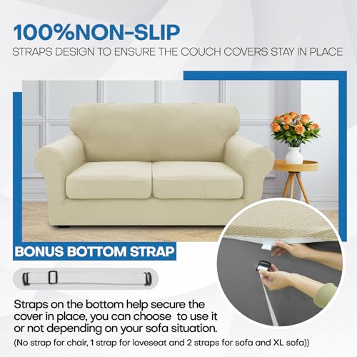 3 Piece Stretch Sofa Cover (71"-91"(2 Cushions) / Light Beige)