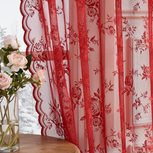Red Lace Curtains 45 Inch Length 2 Panels Set Romantic Country Flower Curtains for Kitchen Cafe Rod Pocket Light Filtering Semi Sheer Small Window Curtains for Valentine's Christmas Day Decor (52"W x 45"L (Pack of 2) / Red)