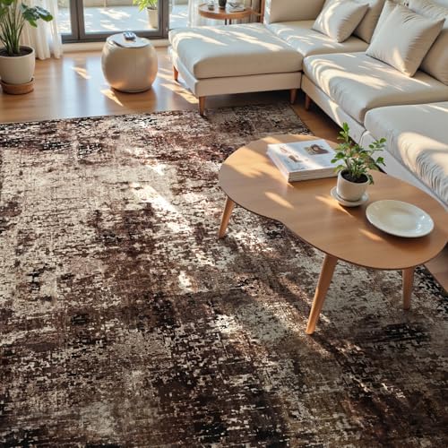Living Room Rug 8x10 Brown Area Rugs Machine Washable Abstract Coffee Boho Large Carpet Non (Brown / 8' x 10' (Rectangular))