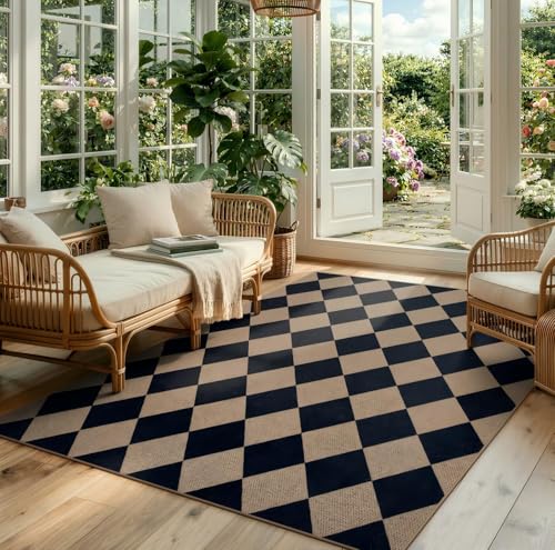Checkered Easy Jute 5x7 Outdoor Rug (5' x 7' (Rectangular) / Nature and Black/Checkerboard -2)