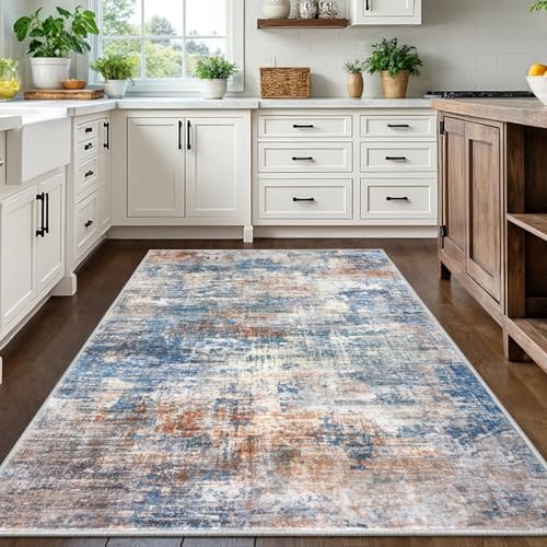 Abstract Area Rugs 5x7 Ft Washable Rugs for Living Room (Blue/Rust/White / 5' x 7' (Rectangular))