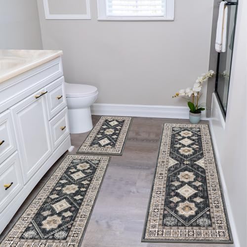 HEBE Boho Kitchen Rugs Set of 3 (Black/Colorful / 20"x32"+20"x48"+20"x59")