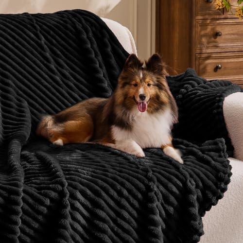 Ribbed Jacquard Black Fleece Throw Blanket for Couch (Black / Throw(50"x60"))
