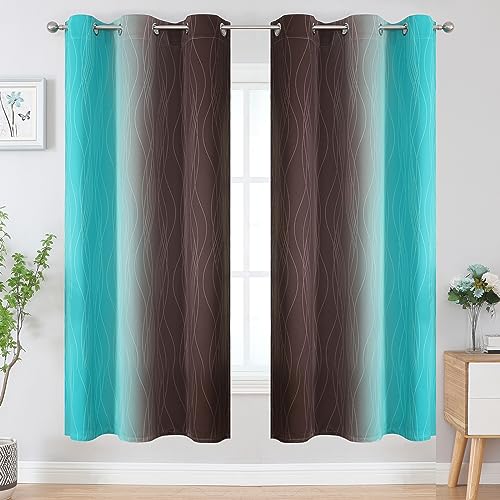 Brown and Teal Ombre Blackout Curtains for Bedroom 72 Inch (Teal and Brown / 42"W x 72"L (Pack of 2))