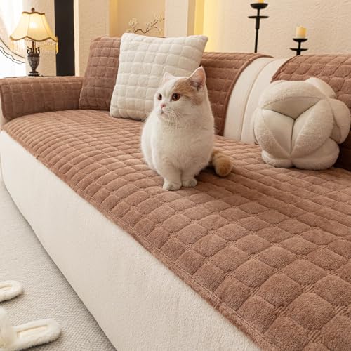 Velvet Sectional Couch Covers for Dogs (Dark Brown / 1PC/27.6"x94"/3-4 Seat & Long "L" Part)