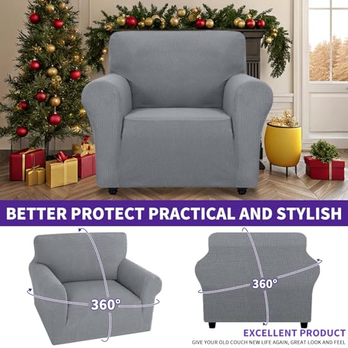 Super Stretch Chair Slipcover Universal Sofa Chair Covers for Living Room Dogs Pet Furniture Protector Spandex Armchair Slipcovers with Anti Slip Foam Sticks (Light Grey / Small (30"-47"))
