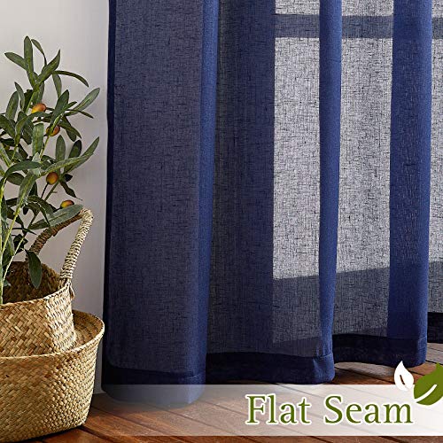 Linen Textured Sheer Curtains 96 inch Long for Living Room (70"W x 96"L (Pack of 2) / Dark Blue)