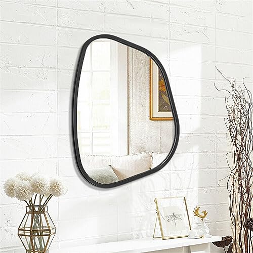 Black Asymmetrical Wall Mirror Large 20"x16" Irregular Oval Mirror Modern Wood Frame Unique Shape Wall Mounted Vanity Artistic Mirrors Decorative for Living Room Bedroom Bathroom Hallway (20"L x 16"W / Black)