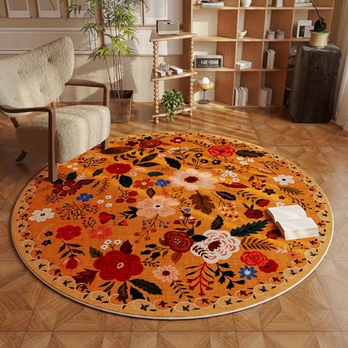 Round Area Rug 4ft Washable (Yellow Orange / 4' (Round))