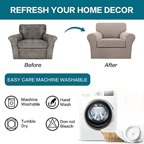 2 Piece Chair Covers Chair Slipcovers for Living Room Armchair Couch Cover Chair Sofa Cover with Individual Cushion Covers Furniture Cover for Chairs Feature Jacquard Fabric (Armchair (1 Cushion) / Sand)