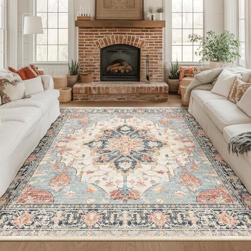 Washable Area Rug (Beige/Blue/Orange / 8' x 8' (Square))