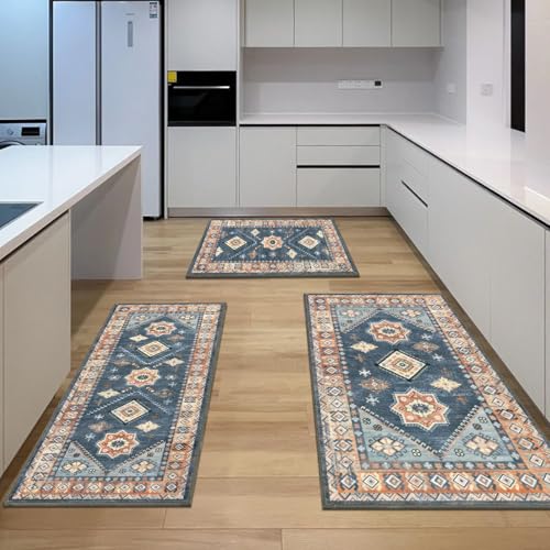 HEBE Boho Kitchen Rugs Set of 3 (Blue/Coffee / 20"x32"+20"x48"+30"x50")