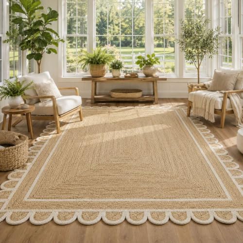 Scalloped Natural Jute Area Rug 6x9 Ft (Off White / 6' x 9' (Rectangular))