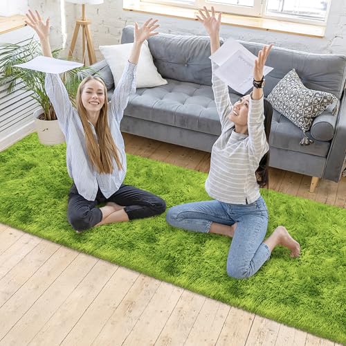 Tie Dyed Runner Rug for Bedroom Green 2x10ft Fluffy Area Rug Bedside Runner Rug for Kids Room Boys Teens Nursery Baby Living Room Dorm Home Decor Carpets (Tie-dyed Green / 2' x 10' (Runner))