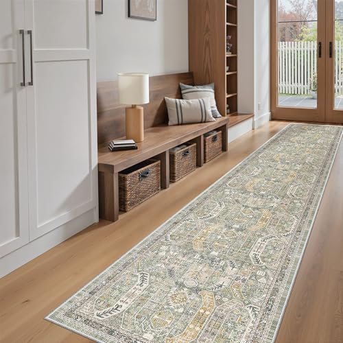 Washable Runner Rugs 2x12 Long for Hallway Kitchen Soft (Green/Gold / 2' x 12' (Runner))