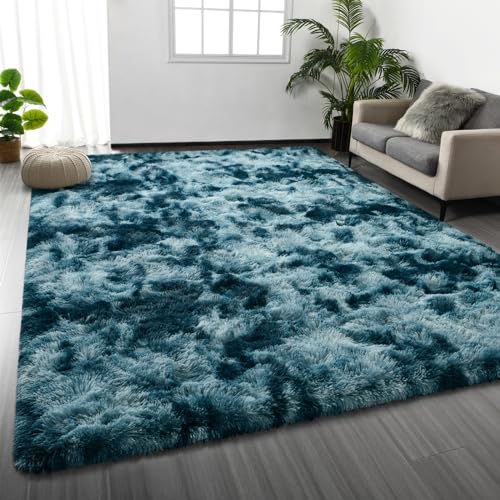 Large Shag Area Rugs 6 x 9 (Tie-dyed Peacock Blue / 6' x 9' (Rectangular))