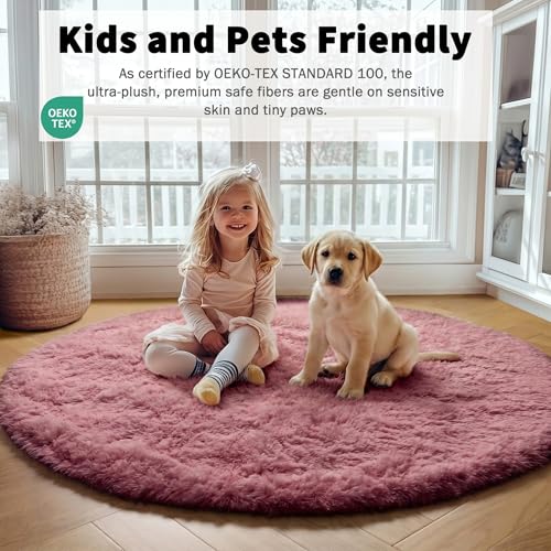 Blush Fluffy Round Rug Circle Area Rugs 4ft for Kids Girls Teen Bedroom (Blush / 4' (Round))